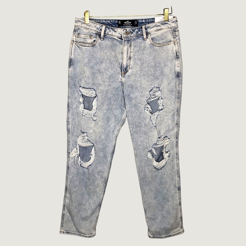 Hollister Jeans Women 13R Light Wash Curvy High-Rise Mom Jean Distressed Stretch